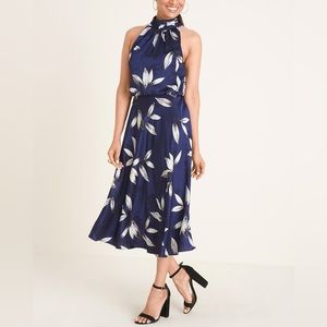 Adrianna Papell NWT Navy Blue Halter Midi Dress Floral Print Satin Size 8